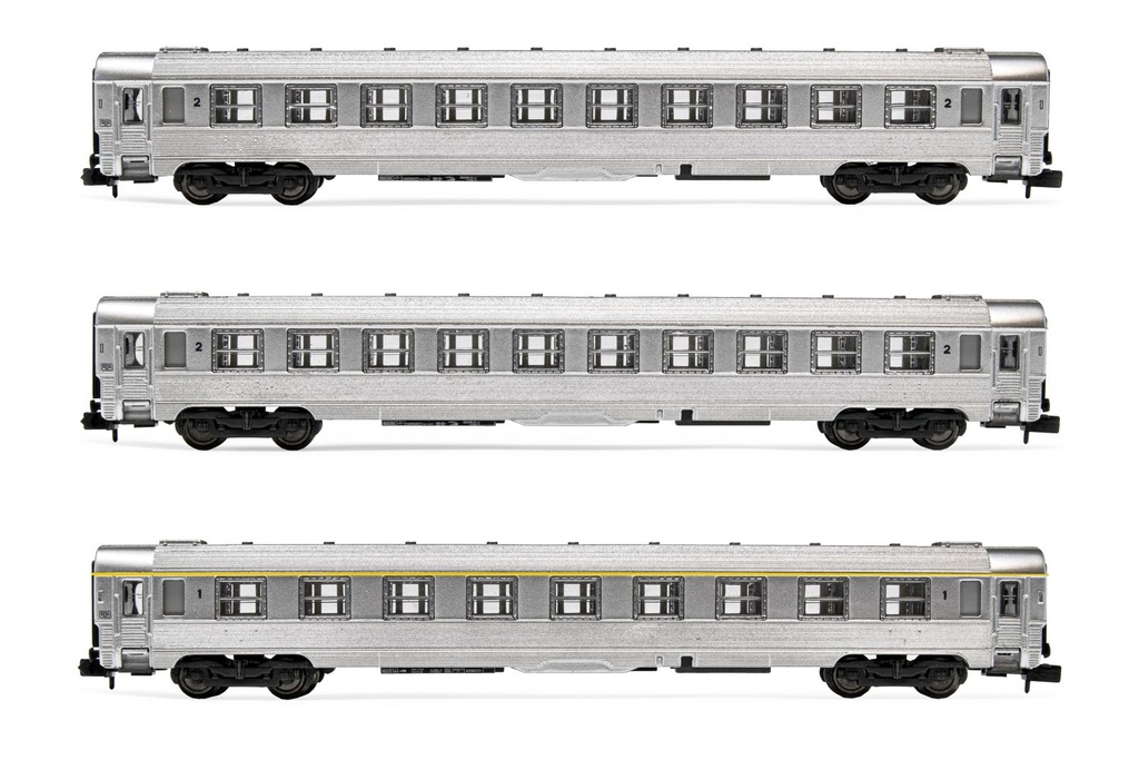 HN4335 SNCF, coffret de 3 voitures DEV Inox, composé de 1 x voiture A9 et 2 x voitures B10, ép. III