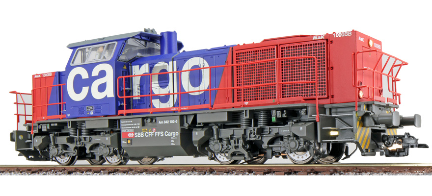 Locomotive diesel H0 G1000 Am 842 102-6 SBB Cargo rouge/bleue Ep V état réel vers 2004 son attelage de manœuvre DC/AC ESU  31305    