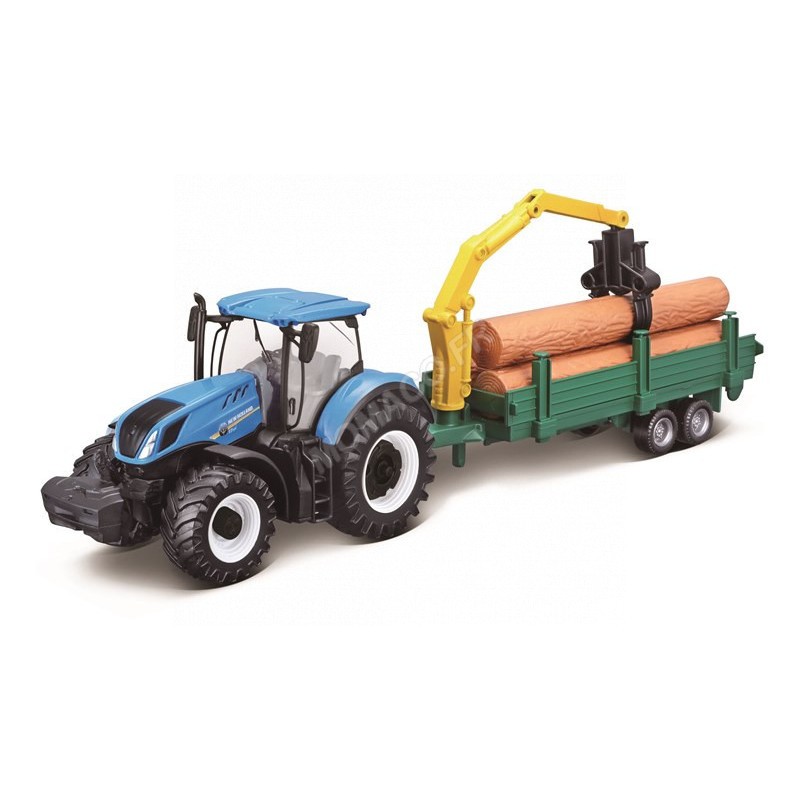 BURAGO NEW HOLLAND T7.315 AVEC REMORQUE A BOIS - TRACTEUR A FRICTION 1/43