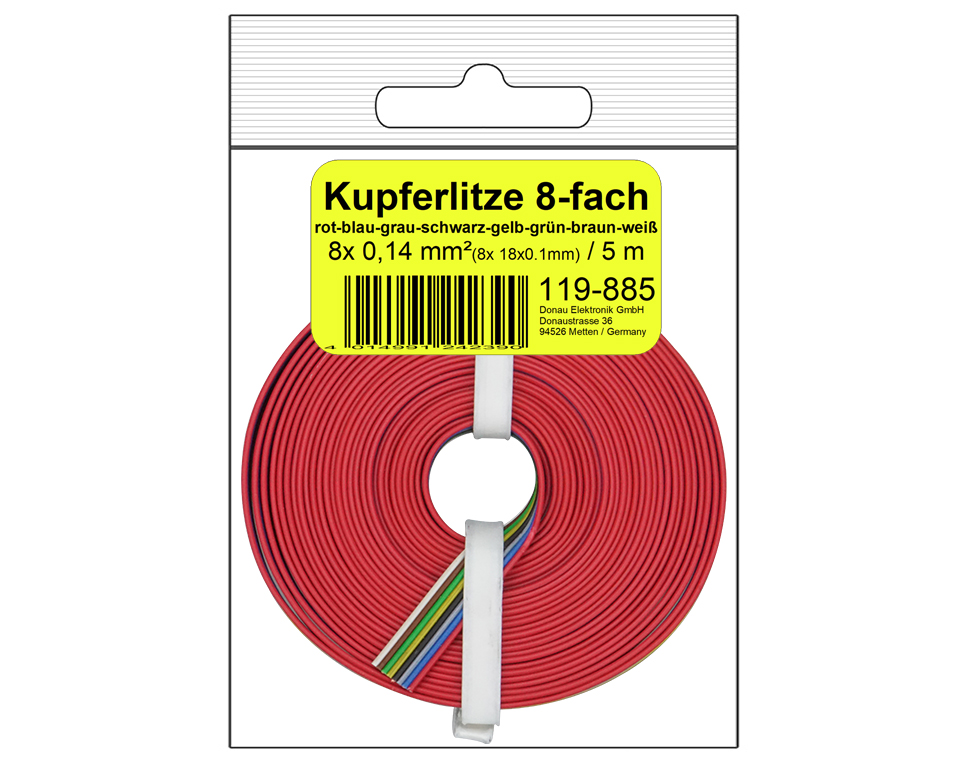 DONAU 119-885 - Toron 8 fils 0,14 mm² / 5 m rouge-bleu-gris-noir-jaune-vert-marron-blanc en SB  