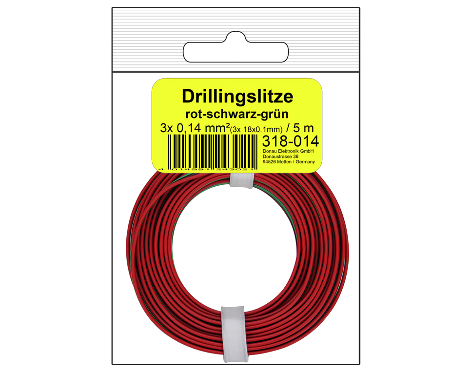 DONAU 318-014 - Toron tripolaire 0,14 mm² / 5 m rouge-noir-vert en sachet SB  