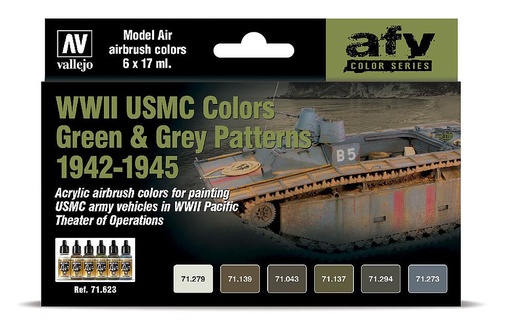 [VALLEJO 71623  ] VALLEJO 71623  Kit de peinture, WWII USMC, camouflage vert &amp; gris 