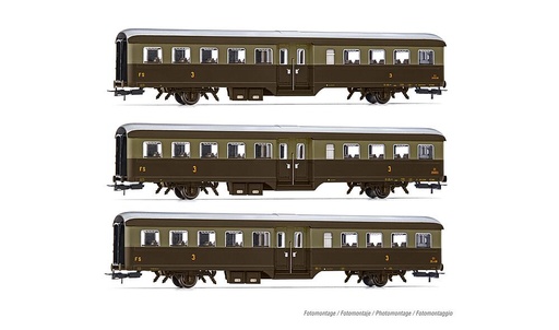 [RIVAROSSI HR4369  ] RIVAROSSI HR4369   H0  FS, coffret de 3 voitures à 2 essieux. Voiture voyageurs 3e classe Corbellini 1947 