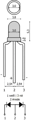[81-39226-02] Duo-LED 3 mm, anode commune, diffus, blanc chaud-rouge, pack de 2 Tams Elektronik 81-39226-02 