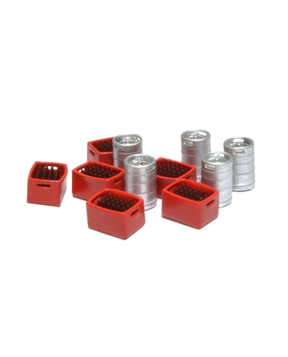 [87TRAIN 22223  ] 5 Fûts de bière et 6 boîtes rouges avec bouteilles brunes échelle H0 87TRAIN 22223
