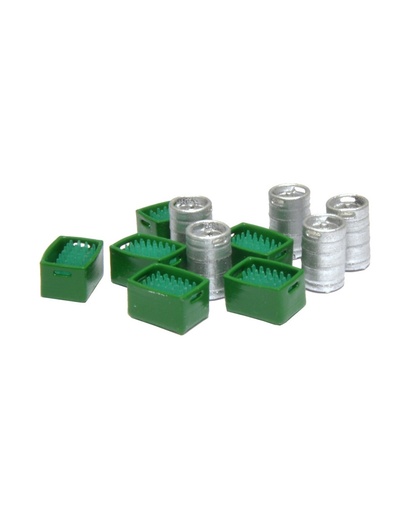[87TRAIN 22224  ] 5 Fûts de bière et 6 boîtes vertes avec bouteilles vertes échelle H0 87TRAIN 22224