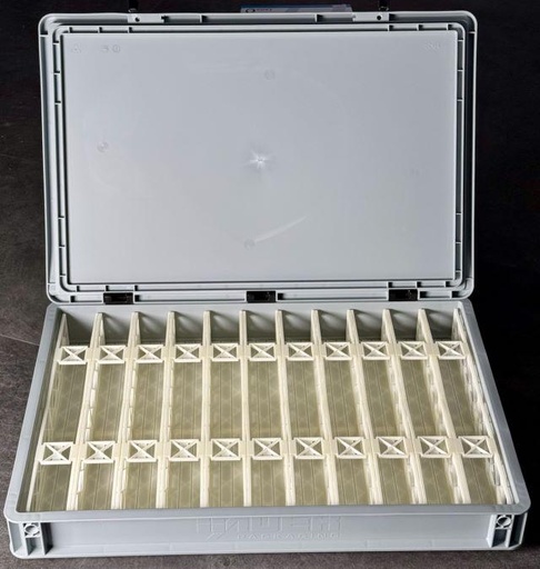 Boîte de rangement et transport 60 x 40 cm avec 11 stalles de rangement base rainurée écartement HO pour matériel roulant avec mousse protectrice RMA 201001