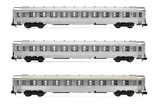 [Arnold HN4335] HN4335 SNCF, coffret de 3 voitures DEV Inox, composé de 1 x voiture A9 et 2 x voitures B10, ép. III